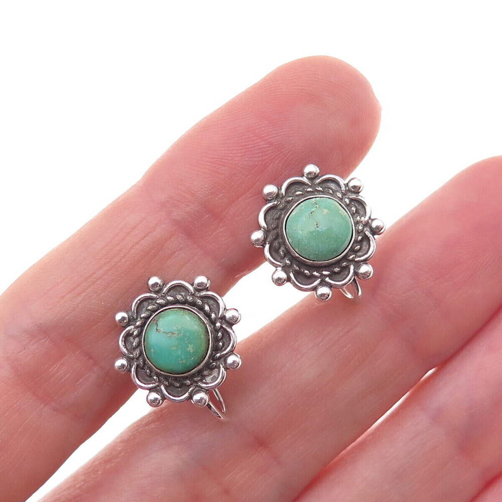 Old Pawn 925 Sterling Silver Vintage Turquoise Floral Tribal Screw Back Earrings